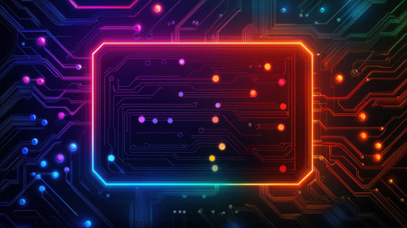 Vibrant Abstract Circuit Board Design with Neon Colors and Geometric Shapes for Technology and Innovation Backgroundの素材