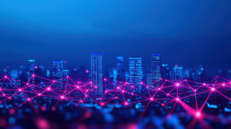 Futuristic Cityscape with Neon Lights and Digital Network Connections Representing Technological Advancement and Urban Innovation at Nightの素材
