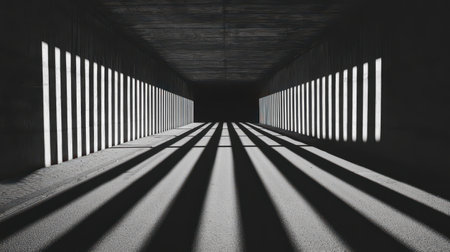 Shadows and Light Play in Urban Tunnel with Vertical Stripes Creating a Dramatic Contrast and Depth Perspective in Black and White Light Patternsの素材