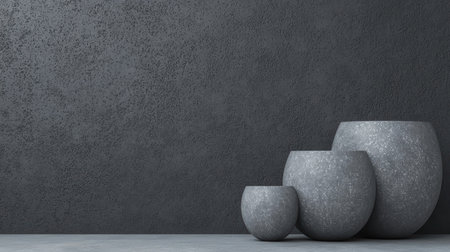 Decorative concrete pots arranged in a modern minimalist setting against a textured gray wall for interior design inspiration and aesthetic appealの素材