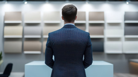 Businessman Facing Color Samples at Modern Design Studio Choosing for Interior Decoration Preferences and Client Projectsの素材