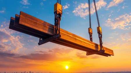 Construction Crane Lifting Steel Beams Against a Stunning Sunset with a City Skyline in the Background Creating a Dynamic Industrial Sceneの素材