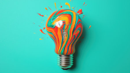 Colorful Light Bulb with Abstract Paint Swirls and Bright Splashes on a Turquoise Background for Creative Concepts and Inspirationの素材