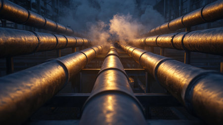 Industrial Pipes Emerging from a Misty Environment, Radiating Warm Light, Symbolizing Energy and Infrastructure Innovation in a Urban Settingの素材