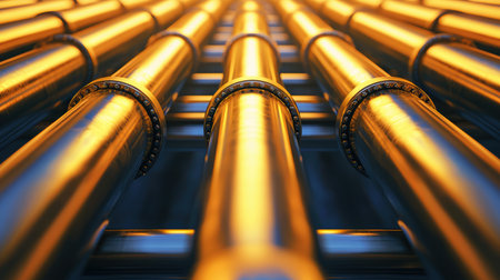 Abstract perspective of metallic pipes with a vibrant golden glow creating a dynamic industrial visual suitable for various design projects and concepts.の素材