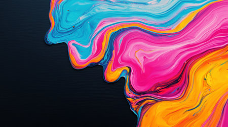 Colorful abstract fluid art with vibrant swirls of blue, pink, orange, and yellow against a dark background, creating a striking visual impactの素材