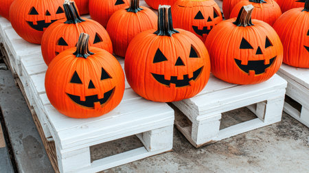 Bright Orange Halloween Pumpkins with Carved Faces Displayed on Wooden Pallets for Seasonal Decor and Festive Celebrationsの素材