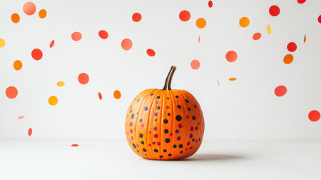 Colorful Polka-Dotted Pumpkin Surrounded by Vibrant Confetti Ideal for Autumn Celebrations and Seasonal Decorative Themesの素材