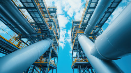 Detailed View of Industrial Plant Piping with Blue Sky and Clouds, Modern Construction of Energy Sector Infrastructure, Low Angle Perspectiveの素材