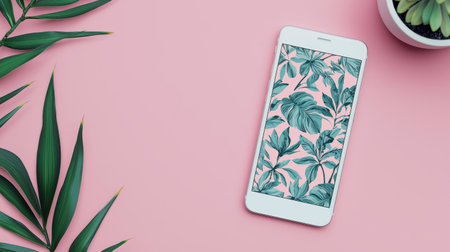 Mobile Phone Displaying Leafy Pattern Wallpaper on Pink Background Surrounded by Greenery and Potted Plantの素材