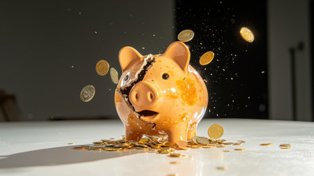 Broken piggy bank spilling coins on a table, symbolizing financial failure, savings loss, unexpected expenses, and the end of a financial journeyの素材