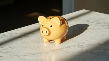 Bright yellow piggy bank on white marble surface casting shadows in soft natural light, symbolizing savings, finance, and financial literacy concepts at homeの素材