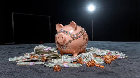 Piggy bank surrounded by scattered dollar bills and gold chocolate coins on a dark background with spotlight illuminating the scene creativelyの素材