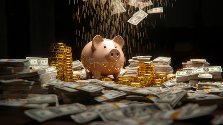 Piggy bank surrounded by cash and coins with money raining down in a dramatic lighting scene highlighting saving and financial prosperityの素材