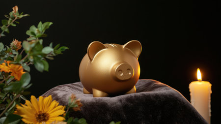 Elegant Golden Piggy Bank Surrounded by Greenery and Flowers with Flickering Candle Light on a Dark Background Creating a Calm Atmosphereの素材