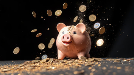 A Cute Piggy Bank Surrounded by Falling Coins and Glittering Details Symbolizing Wealth, Savings, and Financial Growth in a Dark Settingの素材