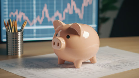 Pink piggy bank standing on financial documents with stock market graphs in the background illustrating savings and investment strategies for personal financeの素材