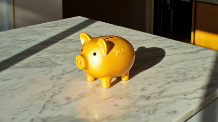 Bright yellow piggy bank on marble countertop with soft shadows, emphasizing saving and financial planning concepts in a modern interior settingの素材