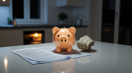 Cute piggy bank sitting on a kitchen counter with cash and financial documents, representing savings and budget management in a cozy night setting.の素材
