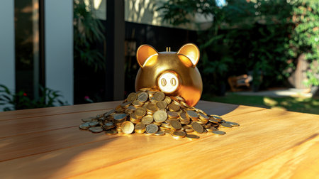 Golden Piggy Bank Surrounded by Piles of Coins on a Wooden Table in a Lush Outdoor Setting with Greenery and Natural Lightの素材