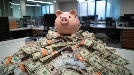 Pile of Cash Surrounded by a Pink Piggy Bank in Modern Office Setting, Symbolizing Savings, Financial Growth, and Wealth Management Strategiesの素材