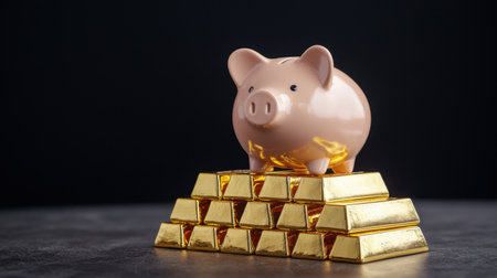 Piggy bank on top of gold bars symbolizing savings, wealth, and financial security in a modern and stylish setting with dark backgroundの素材