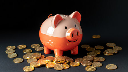 Cheerful Piggy Bank Surrounded by Coins on Dark Background, Symbolizing Saving Money and Financial Planning for Future Investmentsの素材