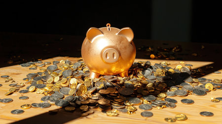 Golden piggy bank surrounded by shiny coins, representing savings, investment, financial growth, and wealth accumulation in a bright light settingの素材