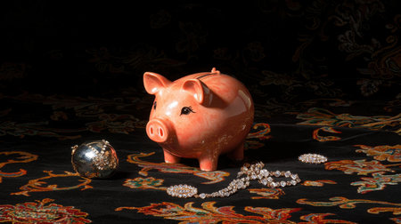 Pink Piggy Bank Surrounded by Sparkling Jewelry on Elegant Fabric Background with Rich Patterns and Textures for Financial Saving Concepts and Luxury Themesの素材
