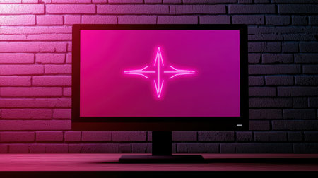 Neon Pink Arrow Design on Computer Monitor Against a Dark Brick Background Featuring Modern Aesthetic and Futuristic Vibes for Creative Projectsの素材