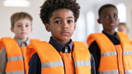 Group of Children Wearing Bright Orange Safety Vests in a Classroom Setting with Focused Expressions and Engaged Postureの素材