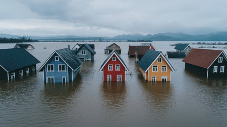 Aerial View of Colorful Houses Surrounded by Floodwaters Under Cloudy Sky in a Scenic Landscapeの素材