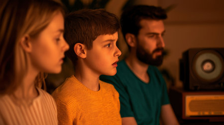 Focused group of individuals engaged in deep thought during evening gathering, illuminated by soft warm light in cozy indoor settingの素材