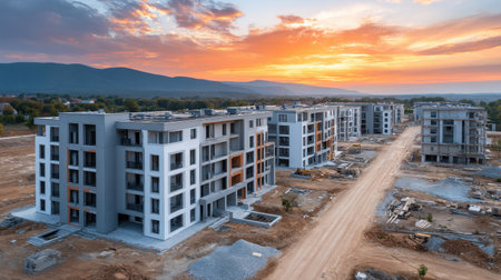 New Residential Development at Sunset with Modern Architecture, Construction Site, and Scenic Mountain Backgroundの素材