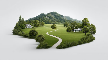 Serene Landscape Featuring Rolling Hills, Lush Greenery, and Charming Houses Amidst a Peaceful Natural Settingの素材