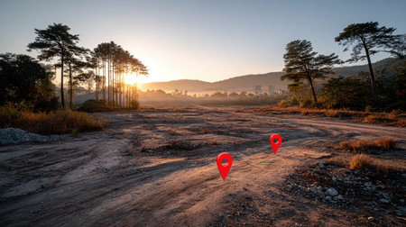 Beautiful Sunrise Over Abandoned Landscape with GPS Markers Indicating Points of Interest in Nature and Urban Contrastの素材
