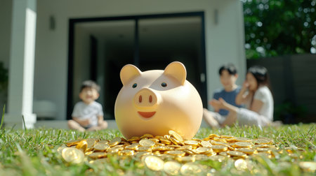 Happy piggy bank surrounded by shiny coins with family enjoying time together in garden, symbolizing savings, investment, and financial planningの素材