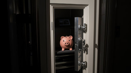 Piggy bank inside a secure vault, symbolizing savings, finance, financial security, and investment strategies for personal wealth managementの素材