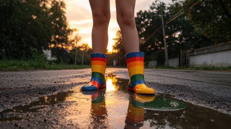Colorful Rainbow Rubber Boots Splashing in Puddles at Sunset on a Wet Street Creating a Playful and Vibrant Outdoor Experience for Childrenの素材