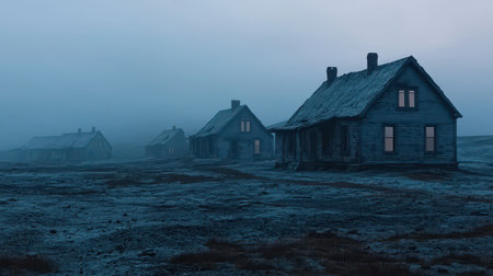 Serene Misty Landscape with Abandoned Houses at Dusk Creating an Atmospheric and Eerie Scene in a Foggy Rural Settingの素材