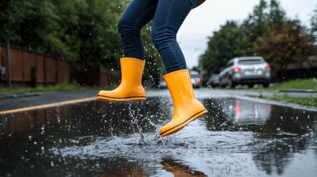 Person in Yellow Rain Boots Jumping in Puddle on a Rainy Day, Showing Joyful Playfulness and Fun in Wet Weather Outdoorsの素材