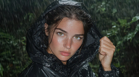 Young woman in waterproof jacket poses in heavy rain, capturing the essence of nature and resilience, reflecting beauty and emotions in outdoor conditionsの素材