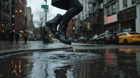 Person in black boots jumps in a puddle on a rainy street with city buildings and reflections in the background during a vibrant urban scene in winterの素材