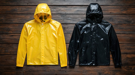 Stylish and Functional Rain Jacket Collection in Yellow and Black Colors on Dark Wooden Background for Outdoor and Fashion Photographyの素材