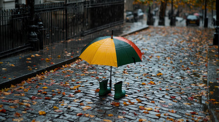 Vibrant Umbrella and Green Boots on Rainy Cobblestone Street Surrounded by Autumn Leaves in a City Environmentの素材