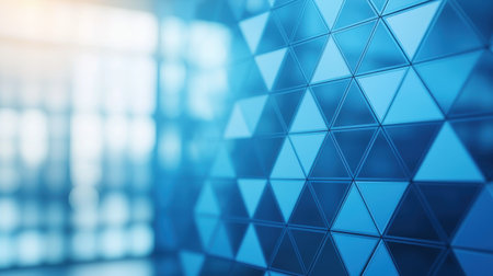Modern geometric tile pattern featuring a blend of blue hues and triangular shapes, ideal for background design and artistic projectsの素材
