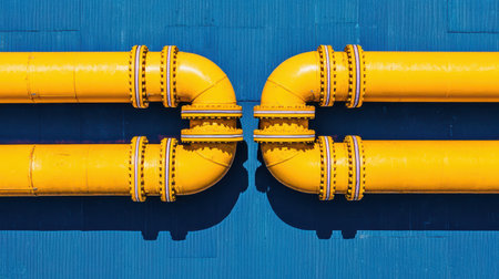 Bright yellow industrial pipes on a vibrant blue background, showcasing modern engineering with intricate connectors and shadows for visual interestの素材