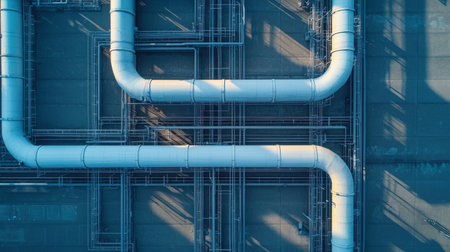 Aerial View of Industrial Pipes and Tubes in a Modern Facility with Shadows and Contrasts on the Ground from Aboveの素材
