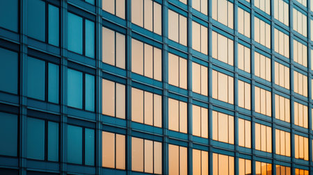 Modern Glass Building Facade Reflecting Sunset Colors with Geometric Patterns and Urban Architecture Aesthetic in City Landscapeの素材