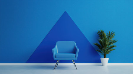 Modern minimalistic interior design featuring a blue chair against a vibrant blue wall with triangular accent and a green plant in a white potの素材